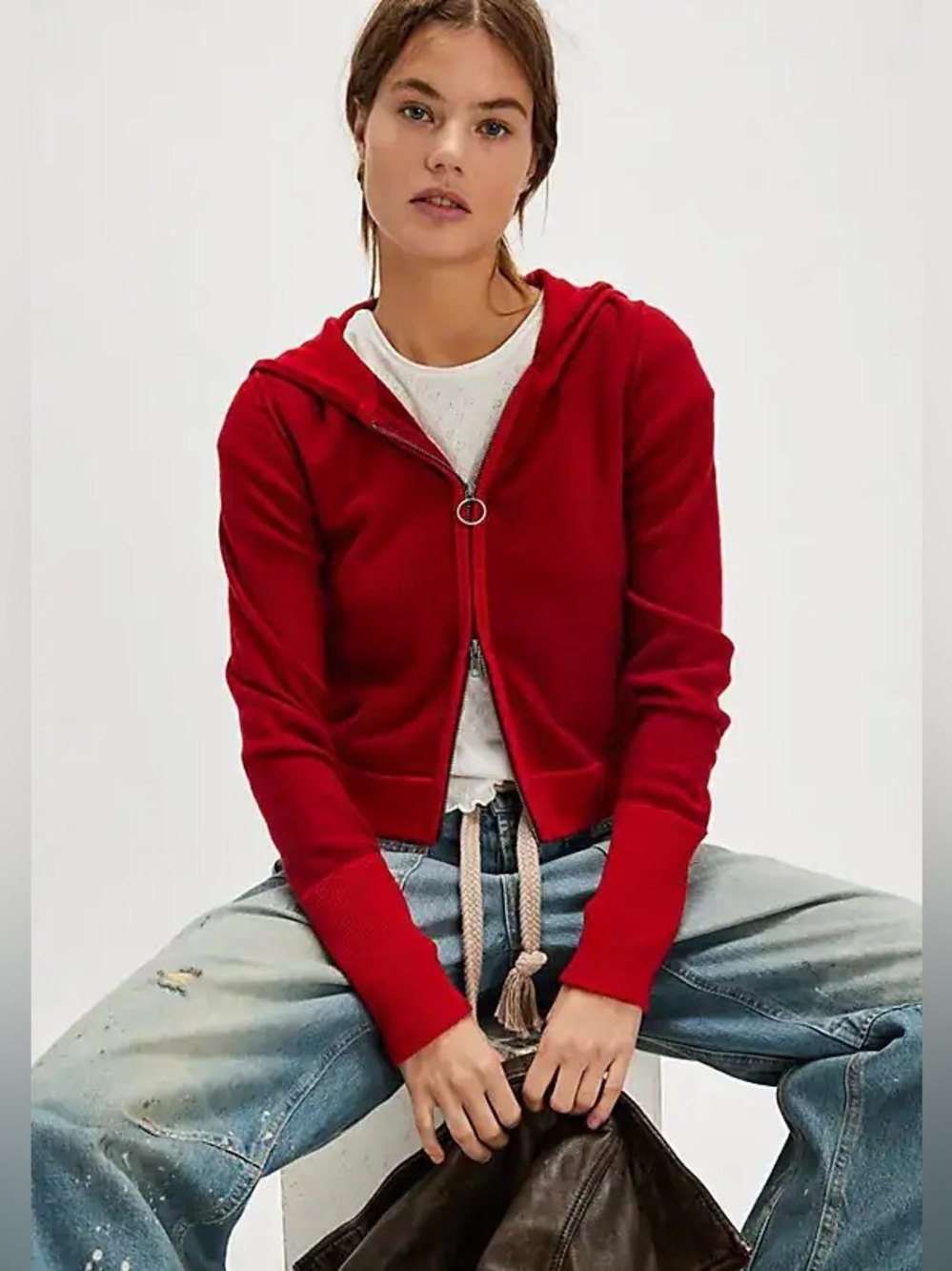 NWOT Free People We the Free Bordeaux Cashmere Hoodie Bright Red Size Large